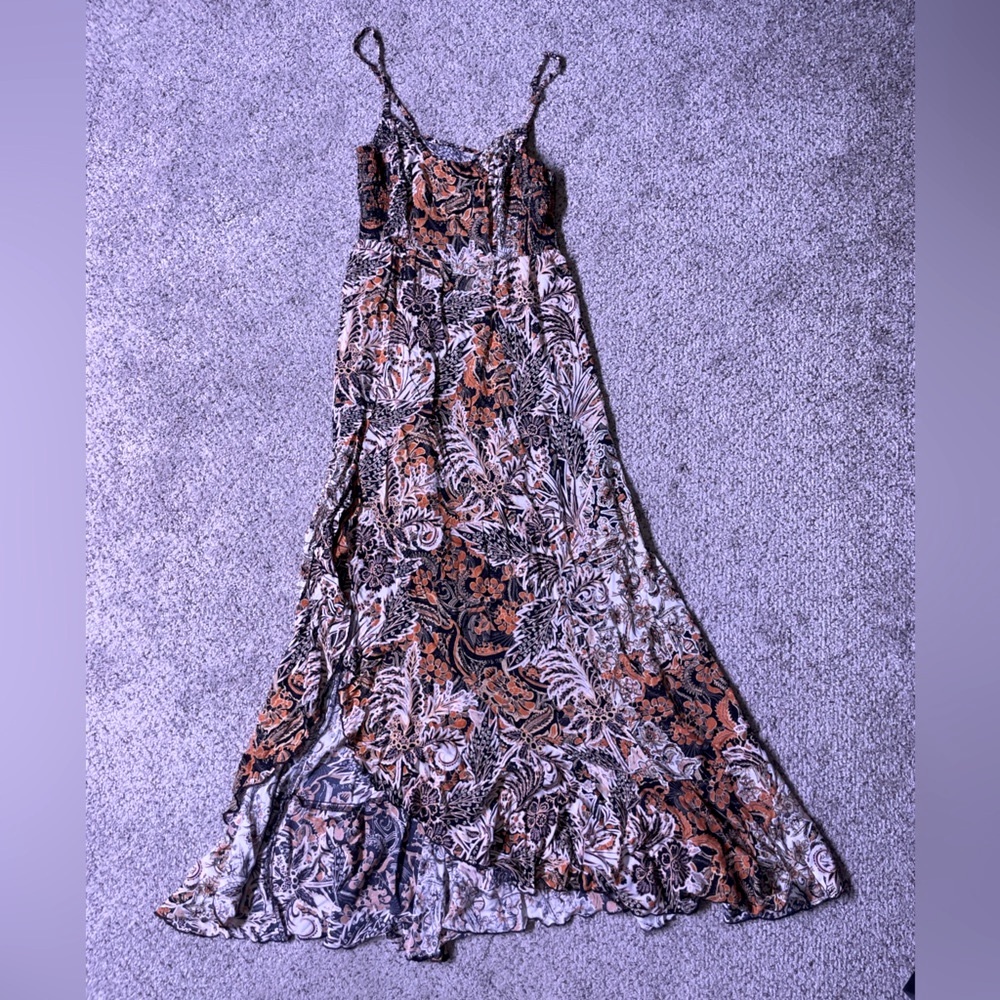 Free People Orange and Black Smocked Ruffled Maxi Dress